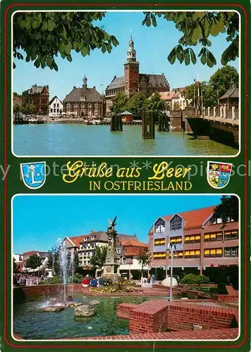 AK / Ansichtskarte Leer_Ostfriesland Hafen Rathaus Wasserspiele Brunnen Innenstadt Wappen Leer_Ostfriesland
