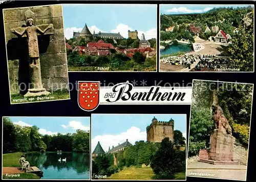 AK / Ansichtskarte Bentheim_Bad Herrgott von Bentheim Statue Schloss Freilichtbuehne Kurpark Schwanenteich Schloss Loewendenkmal Bentheim_Bad