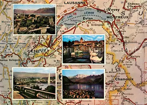 AK / Ansichtskarte Geneve_GE Carte du Lac Leman avec vues de Lausanne Ouchy Geneve et Montreux Landkarte Genfersee Geneve_GE