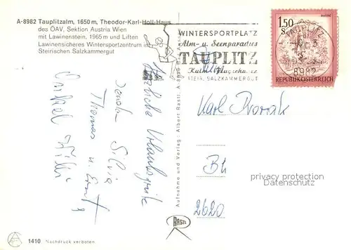 AK / Ansichtskarte Tauplitzalm Theodor Karl Holl Haus mit Lawinenstein  Tauplitzalm