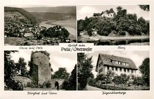 AK / Ansichtskarte Polle_Oberweser Panorama Burg Burghof und Turm Jugendherberge Polle_Oberweser