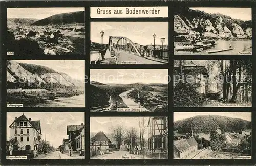 AK / Ansichtskarte Bodenwerder Total Weserbruecke Steinmuehle Felsengruppe Panorama Muenchhausens Felsengrotte Neues Tor Koenigszinne Bodenwerder