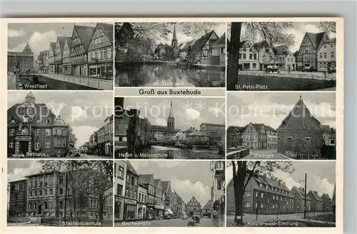 AK / Ansichtskarte Buxtehude Westfleet Stadtpark St Petri Platz Rathaus Hafen und Malerschule Zwinger Staatsbauschule Breitestrasse Klosterwald Siedlung Buxtehude