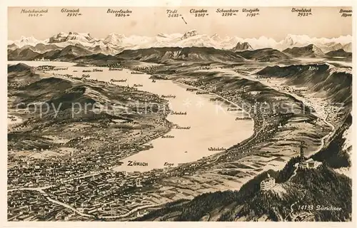 AK / Ansichtskarte Zuerich_ZH Panoramakarte mit Zuerichsee Zuerich_ZH