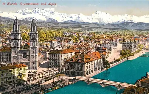AK / Ansichtskarte Zuerich_ZH Grossmuenster mit den Alpen Zuerich_ZH