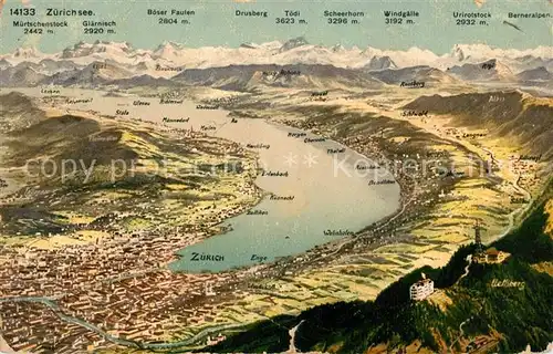 AK / Ansichtskarte Zuerich_ZH Panoramakarte mit Zuerichsee Zuerich_ZH