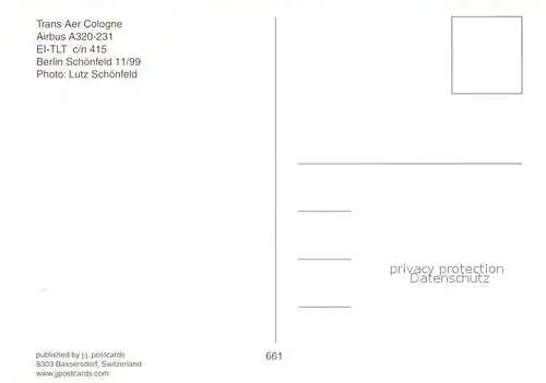 AK / Ansichtskarte Flugzeuge_Zivil Trans Aer Cologne Airbus A320 231 EI TLT c n 415 Flugzeuge Zivil