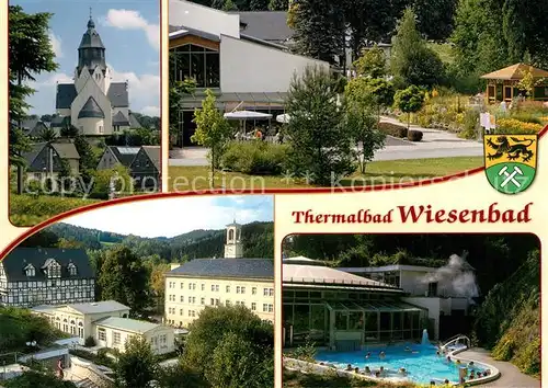 AK / Ansichtskarte Wiesenbad Dorfkirche Wiesa Robert Koch Haus Kurparkhalle Therme Aussenbecken Wiesenbad