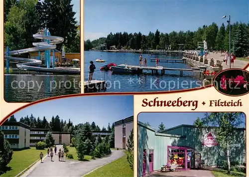 AK / Ansichtskarte Schneeberg_Erzgebirge Filzteich Promenade Bootsverleih Sportpark Riesenrutsche  Schneeberg Erzgebirge