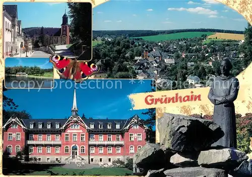 AK / Ansichtskarte Gruenhain_Erzgebirge Stadtkirche Mutter Kind Heim Badesee Moench Stadtansicht Gruenhain Erzgebirge
