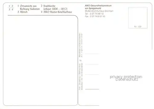 AK / Ansichtskarte Gruenhain_Erzgebirge Ortsansicht Moench Stadtkirche AWO Mutter Kind Kurhaus Gruenhain Erzgebirge