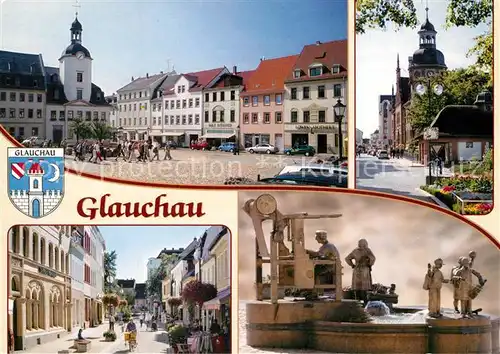 AK / Ansichtskarte Glauchau Rathaus Markt Postamt Brunnen Fussgaengerzone Leipziger Strasse Glauchau