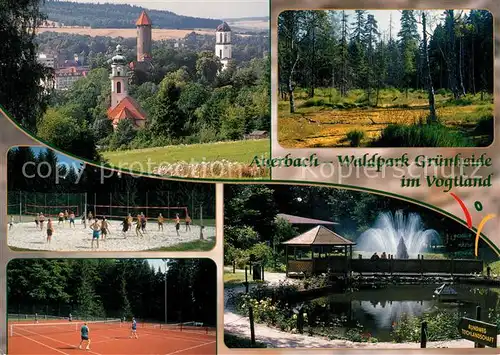 AK / Ansichtskarte Auerbach_Vogtland Drei Tuerme Tennisplatz Teichlandschaft Waldpark Gruenheide Auerbach_Vogtland