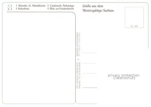 AK / Ansichtskarte Aue_Erzgebirge Altmarkt Nikolaikirche Kulturhaus Carolateich Parkanlage Friedenskirche Aue_Erzgebirge