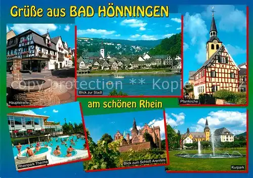 AK / Ansichtskarte Bad_Hoenningen Hauptstrasse Rheinpark Therme Schloss Arenfels Kurpark Pfarrkirche Bad_Hoenningen