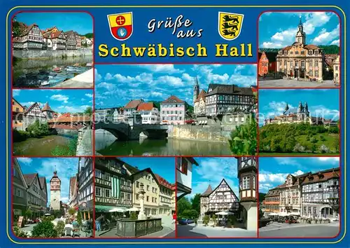 AK / Ansichtskarte Schwaebisch_Hall Bootsanlegestelle Brunnen Comburg Rathaus Kocher Schwaebisch Hall