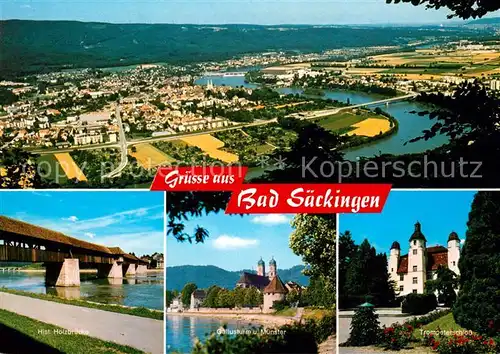 AK / Ansichtskarte Bad_Saeckingen Fliegeraufnahme Holzbruecke Gallusturm Muenster Trompeterschloss Bad_Saeckingen