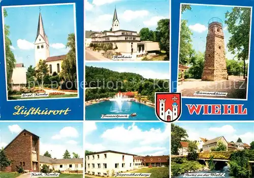 AK / Ansichtskarte Wiehl_Gummersbach Kirche Rathaus Bismarckturm Freizeitpark Jugendherberge Partie an der Wiehl Wiehl Gummersbach