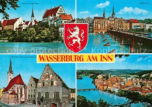 AK / Ansichtskarte Wasserburg_Inn Partie an der Burg Innbruecke Rathaus Marienkirche Panorama Wappen Wasserburg Inn