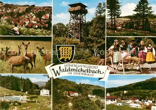 AK / Ansichtskarte Waldmichelbach Teilansichten Hoehenluftkurort im Odenwald Freibad Campingplatz Aussichtsturm Trachten Wild Rehe Waldmichelbach