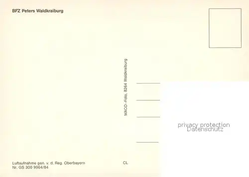 AK / Ansichtskarte Waldkraiburg Berufsfoerderungszentrum BFZ Peters Fliegeraufnahme Cafeteria Restaurant Hallenbad Waldkraiburg