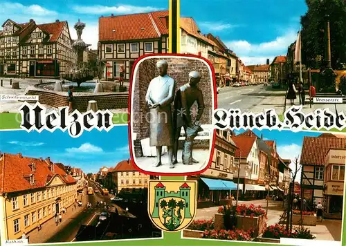 AK / Ansichtskarte Uelzen_Lueneburger_Heide Schnellenmarkt Rathaus Veerserstrasse Innenstadt Fussgaengerzone Denkmal Statue Uelzen_Lueneburger_Heide