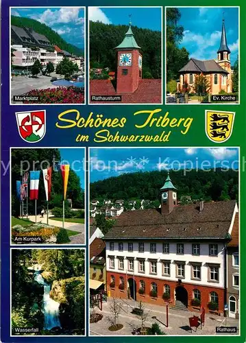 AK / Ansichtskarte Triberg_Schwarzwald Marktplatz Rathaus Turm Kirche Kurpark Fahnen Wasserfall Triberg Schwarzwald