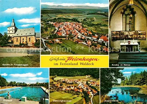 AK / Ansichtskarte Freienhagen_Waldeck Kirche Freibad Jeppenteich Dehringhausen Fliegeraufnahme Freienhagen Waldeck