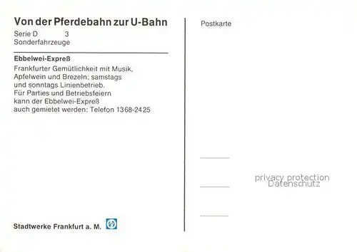 AK / Ansichtskarte Frankfurt_Main Ebbelwei Express Von der Pferdebahn zur U Bahn Serie D 3 Sonderfahrzeuge Frankfurt Main