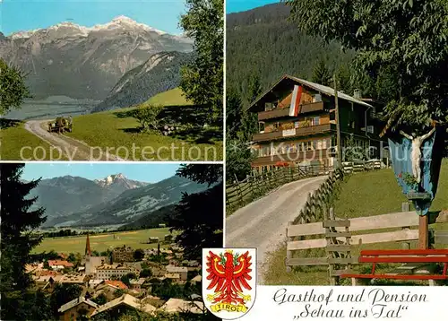 AK / Ansichtskarte Fuegen Gasthof Pension Schau ins Tal Wegekreuz Alpenpanorama Wappen Fuegen