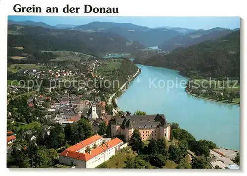 AK / Ansichtskarte Grein_Donau_Oberoesterreich Fliegeraufnahme mit Schloss Greinburg Grein_Donau