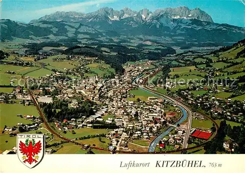 AK / Ansichtskarte Kitzbuehel_Tirol Sommerfrische Wintersportplatz Schwarzsee Kaisergebirge Fliegeraufnahme Wappen Kitzbuehel Tirol