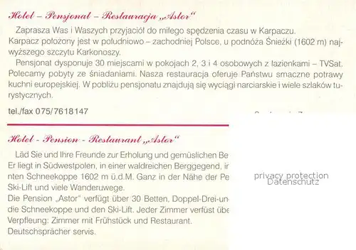 AK / Ansichtskarte Karpacz Hotel Pension Restaurant Astor Schlepplift Karpacz