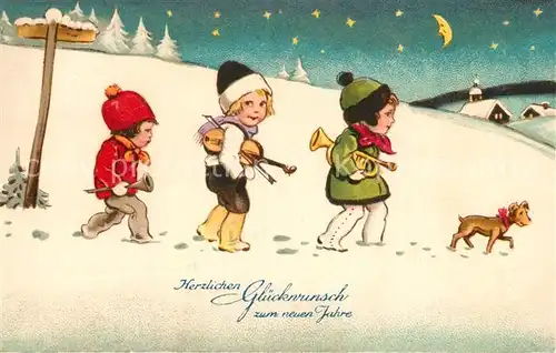 AK / Ansichtskarte Neujahr Kinder Hund Geige Trompete Litho  Neujahr