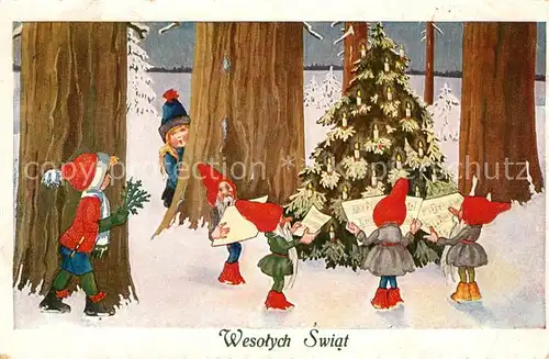 AK / Ansichtskarte Zwerge Kinder Wald Weihnachtsbaum Weihnachten Zwerge
