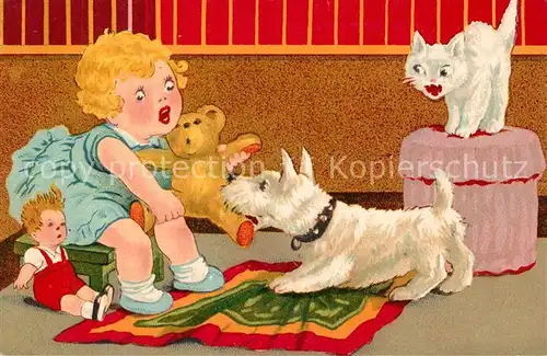 AK / Ansichtskarte Hunde Katze Teddybaer Puppe Kind Litho Hunde