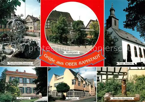 AK / Ansichtskarte Ober Ramstadt Marktplatz Brunnen Pfarrhaus Rathaus Stecher Brunnen Kirche Ober Ramstadt
