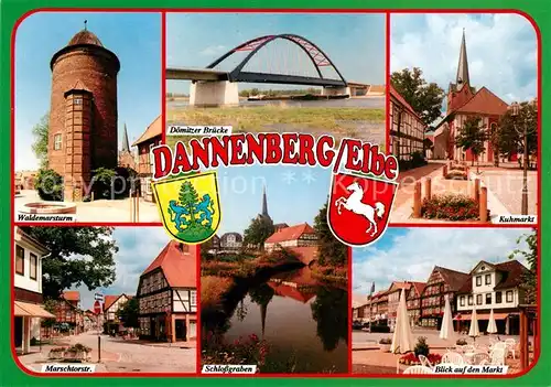 AK / Ansichtskarte Dannenberg_Elbe Waldemarsturm Doemitzer Bruecke Kuhmarkt Schlossgraben Markt Dannenberg Elbe