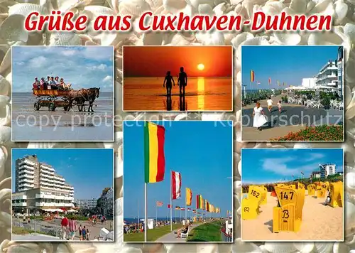 AK / Ansichtskarte Cuxhaven_Duhnen_Nordseebad Wattkutschfahrt Strand Uferpromenade Abendstimmung Cuxhaven_Duhnen