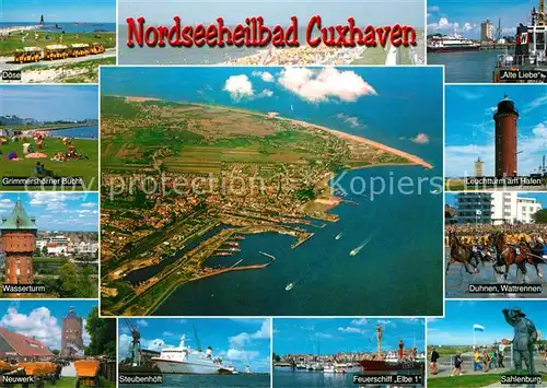 AK / Ansichtskarte Cuxhaven_Nordseebad Fliegeraufnahme Wasserturm Neuwerk Sahlenburg Wattrennen Cuxhaven_Nordseebad