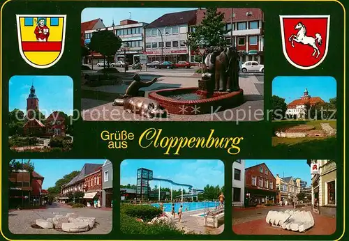 AK / Ansichtskarte Cloppenburg Tierbrunnen Schwimmbad Marktplatz Kirche  Cloppenburg