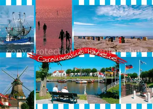 AK / Ansichtskarte Carolinensiel Harlesiel_Ostfriesland Muehle Fischkutter Strand Bootsanleger Carolinensiel Harlesiel