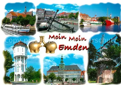 AK / Ansichtskarte Emden_Ostfriesland Muehle Anker Hafen Ottifant Rathaus Emden_Ostfriesland