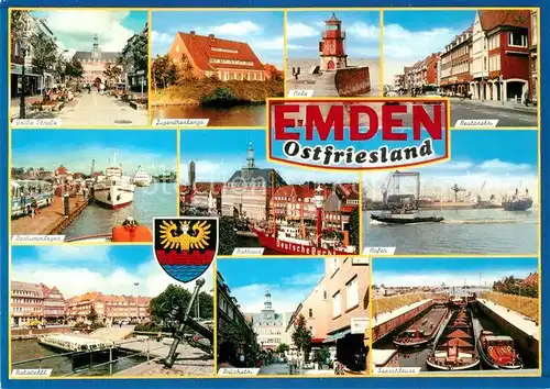 AK / Ansichtskarte Emden_Ostfriesland Seeschleuse Rathaus Delft Leuchtturm Mole Hafen Emden_Ostfriesland