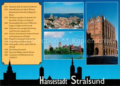 AK / Ansichtskarte Stralsund_Mecklenburg_Vorpommern Rathaus Panorama Chronik Schatten blaue Turmbastion  Stralsund_Mecklenburg