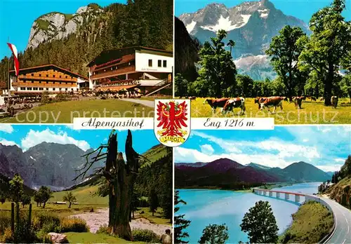 AK / Ansichtskarte Hinterriss_Tirol Alpencafe Alpengasthof Eng am Grossen Ahornboden Landschaftspanorama Bruecke Alpen Hinterriss Tirol