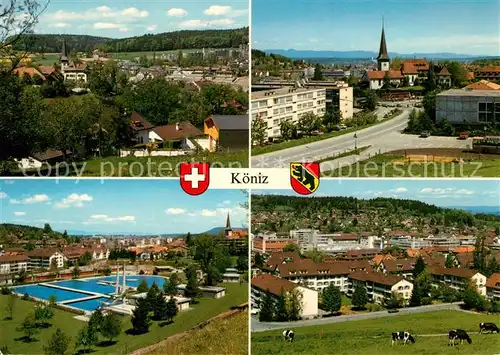 AK / Ansichtskarte Koeniz Teilansichten Kirche Freibad Viehweide Kuehe Koeniz