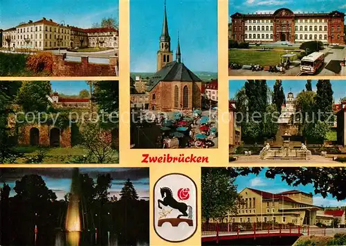 AK / Ansichtskarte Zweibruecken_Pfalz Kirche Schloss Wittelsbach Brunnen Ruine Park Fontaene Wappen Zweibruecken Pfalz