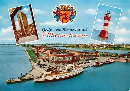 AK / Ansichtskarte Wilhelmshaven Leuchtturm Roter Sand Rathaus Baederflotte im Hafen Fliegeraufnahme Wappen Wilhelmshaven