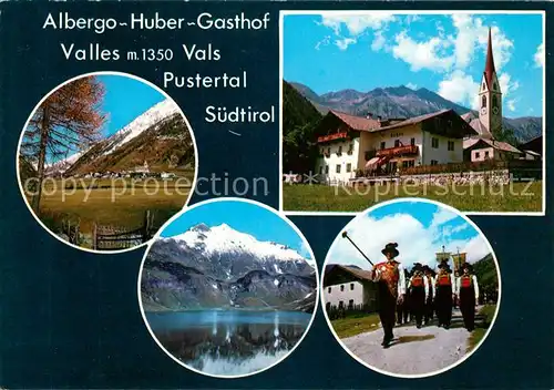 AK / Ansichtskarte Vals_Tirol Albergo Huber Gasthof Ortsmotiv mit Kirche Bergsee Dolomiten Vals_Tirol